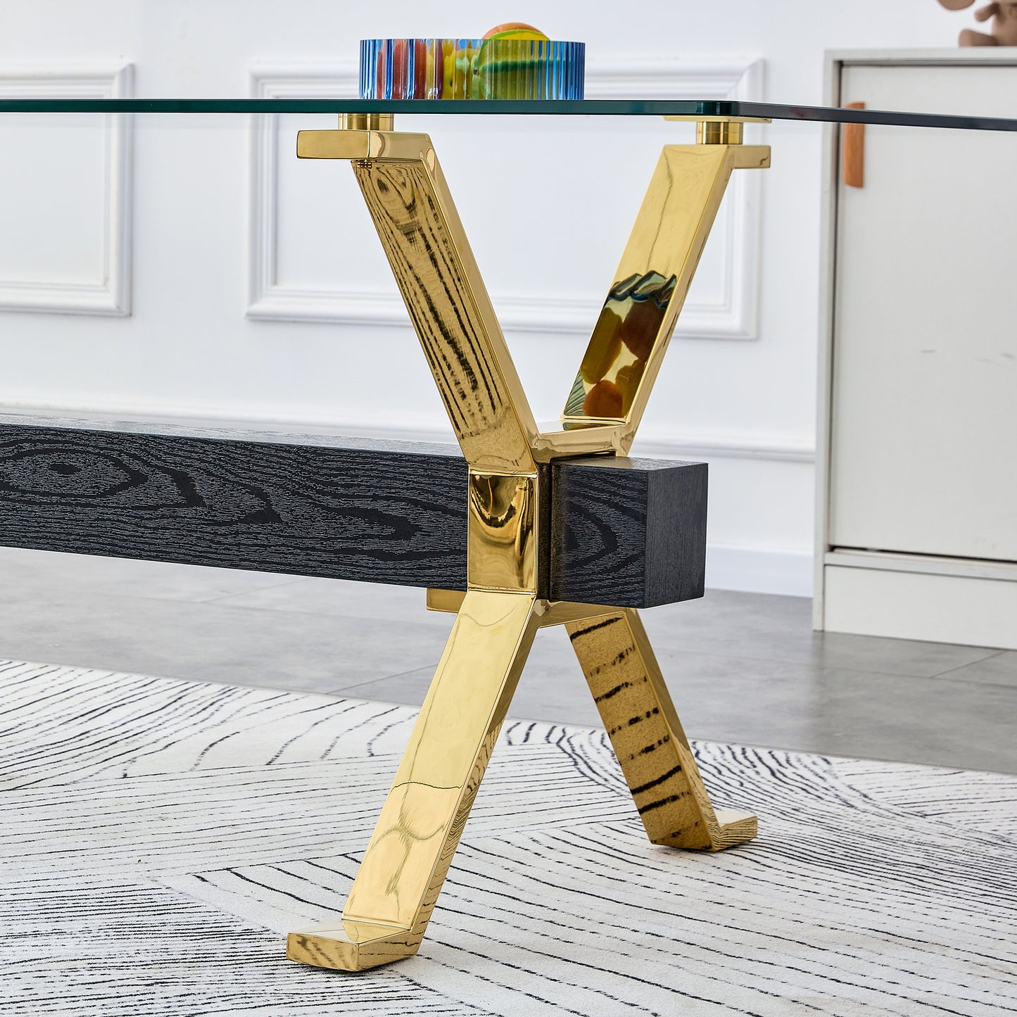 Dining table. Modern tempered glass dining table. Large modern office desk with gold metal legs and MDF crossbars, suitable for home and office use. Kitchen .71 ''x35.4''x30 '' 1105