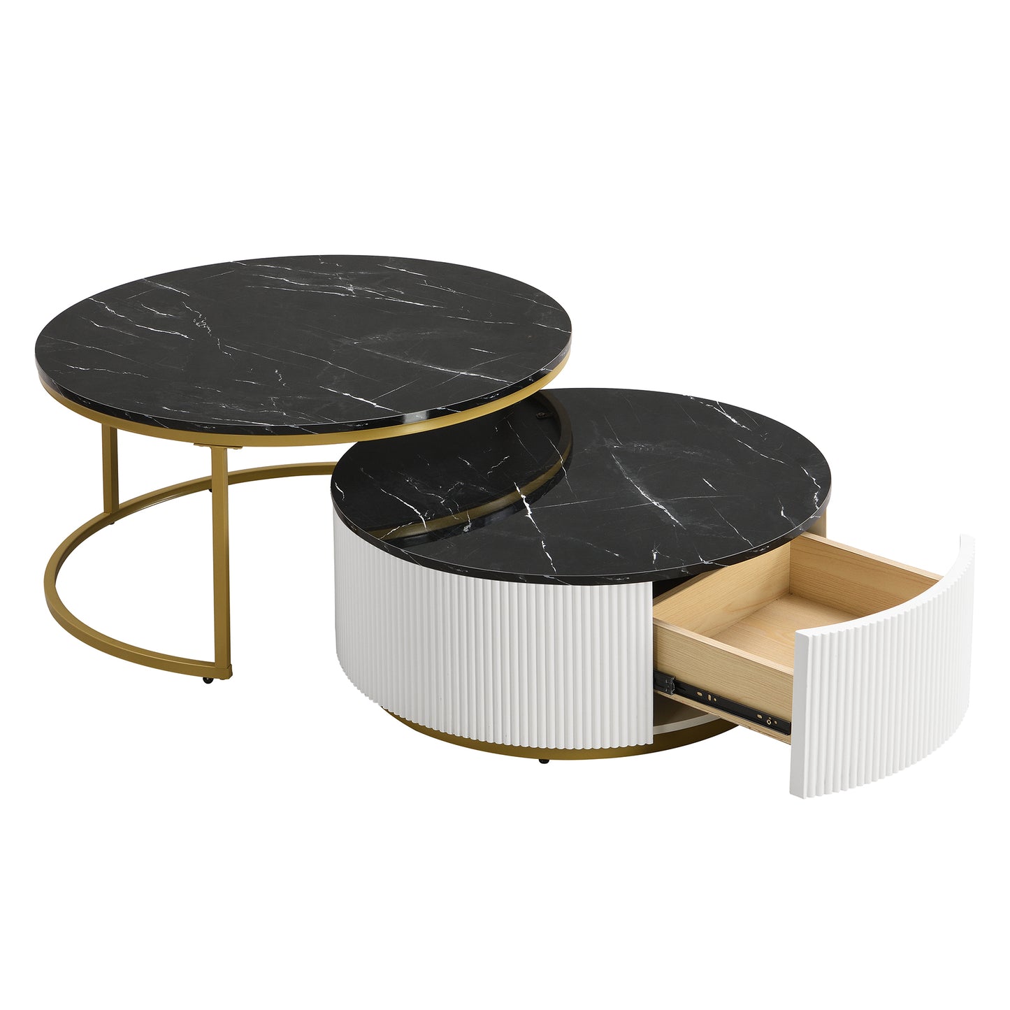 Modern Round Nesting Coffee Table Fluted with Drawer in Black & Gold in 31.5''