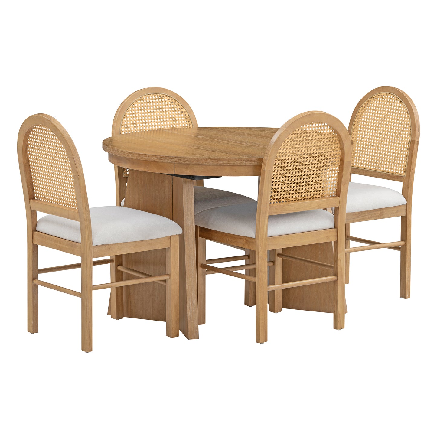 TREXM 5-Piece Retro Functional Dining Set with 1 Extendable Dining Table and 4 Upholstered Chairs with Rattan Backrests for Dining Room and Kitchen (Natural Wood Wash)