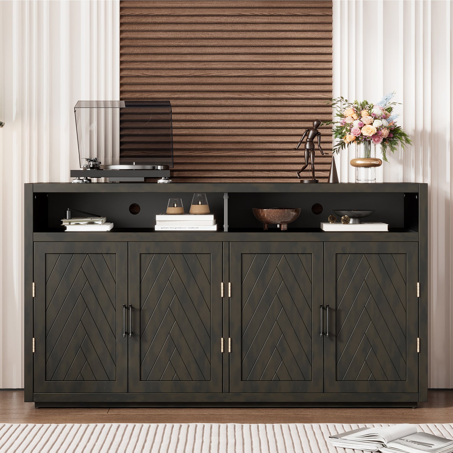 TREXM 4-door Classic Sideboard with Open Storage and Adjustable Shelves Perfect for kitchens,  living rooms (Grey Brown)