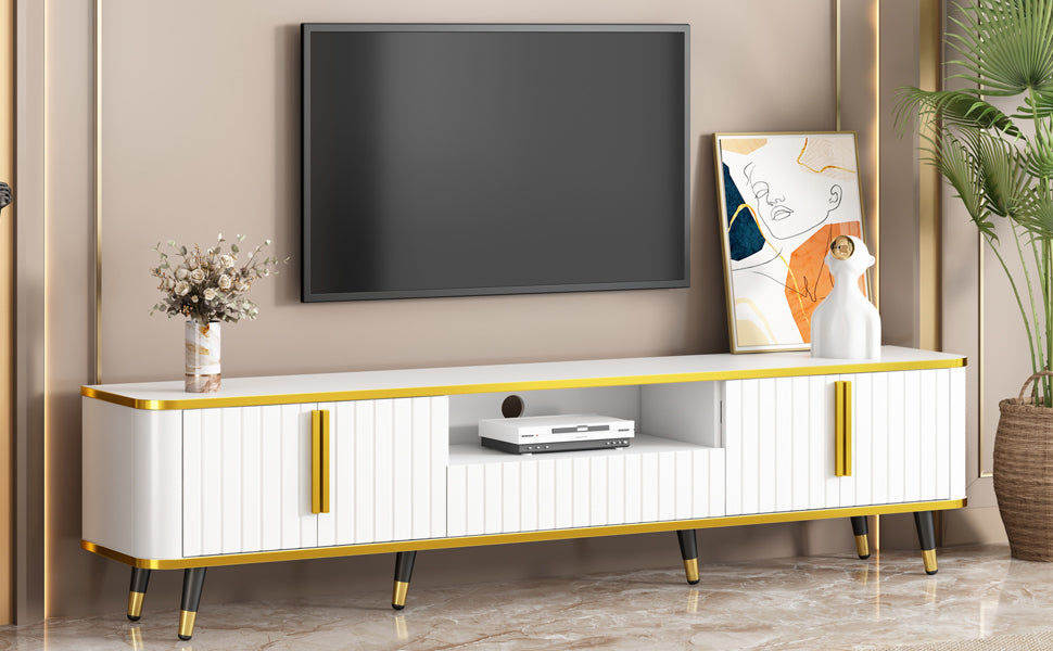 ON-TREND Meuble TV minimaliste de luxe avec étagère de rangement ouverte pour téléviseurs jusqu'à 85", centre de divertissement avec armoires et tiroirs, console multimédia pratique avec pieds uniques pour le salon, blanc