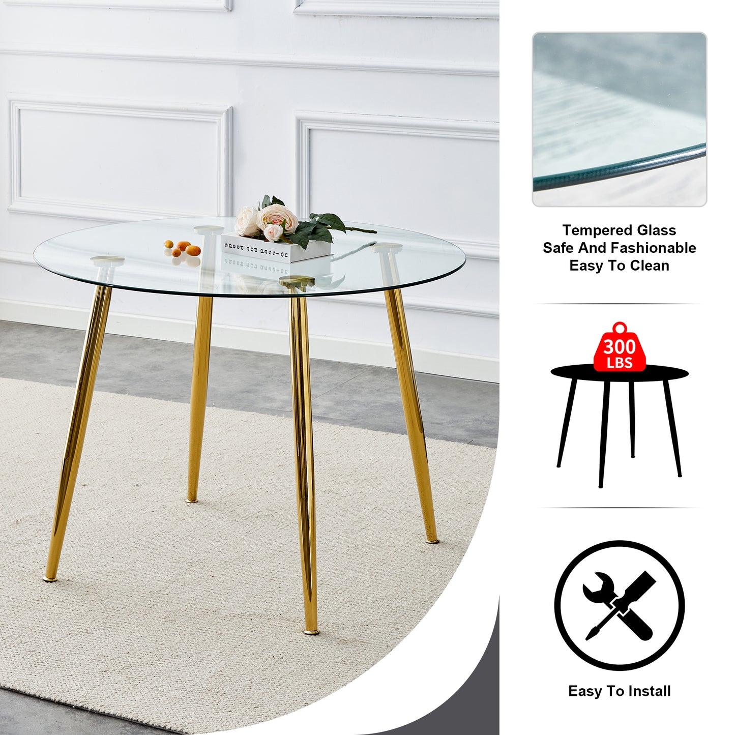 Elegant 40-Inch Round Glass Dining Table with Gold Plated Legs - Modern Minimalist Design