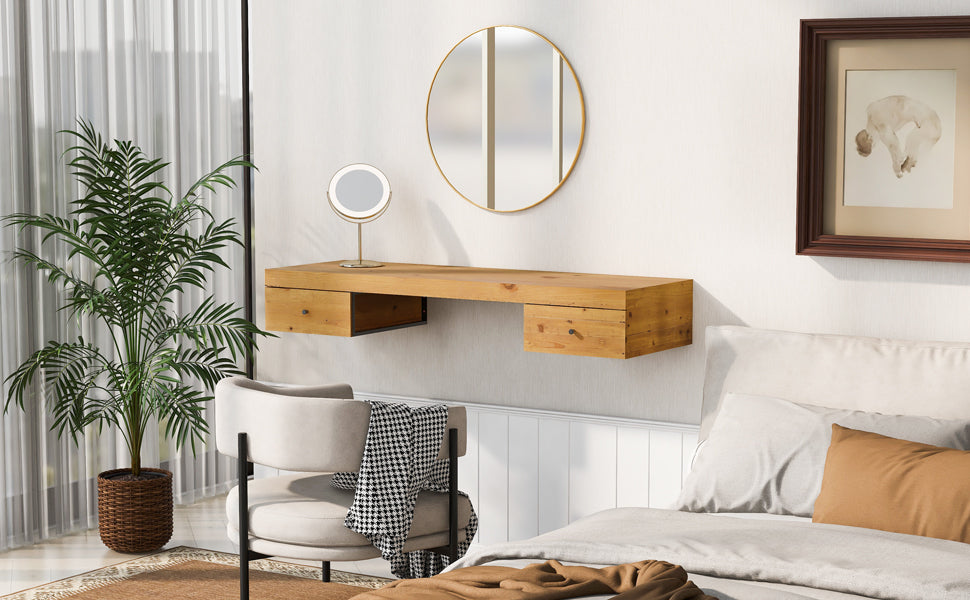 47.2" Modern Wall-Mounted Vanity Desk - Natural Floating Shelf with Drawers, Versatile Dressing and Computer Table for Home Office