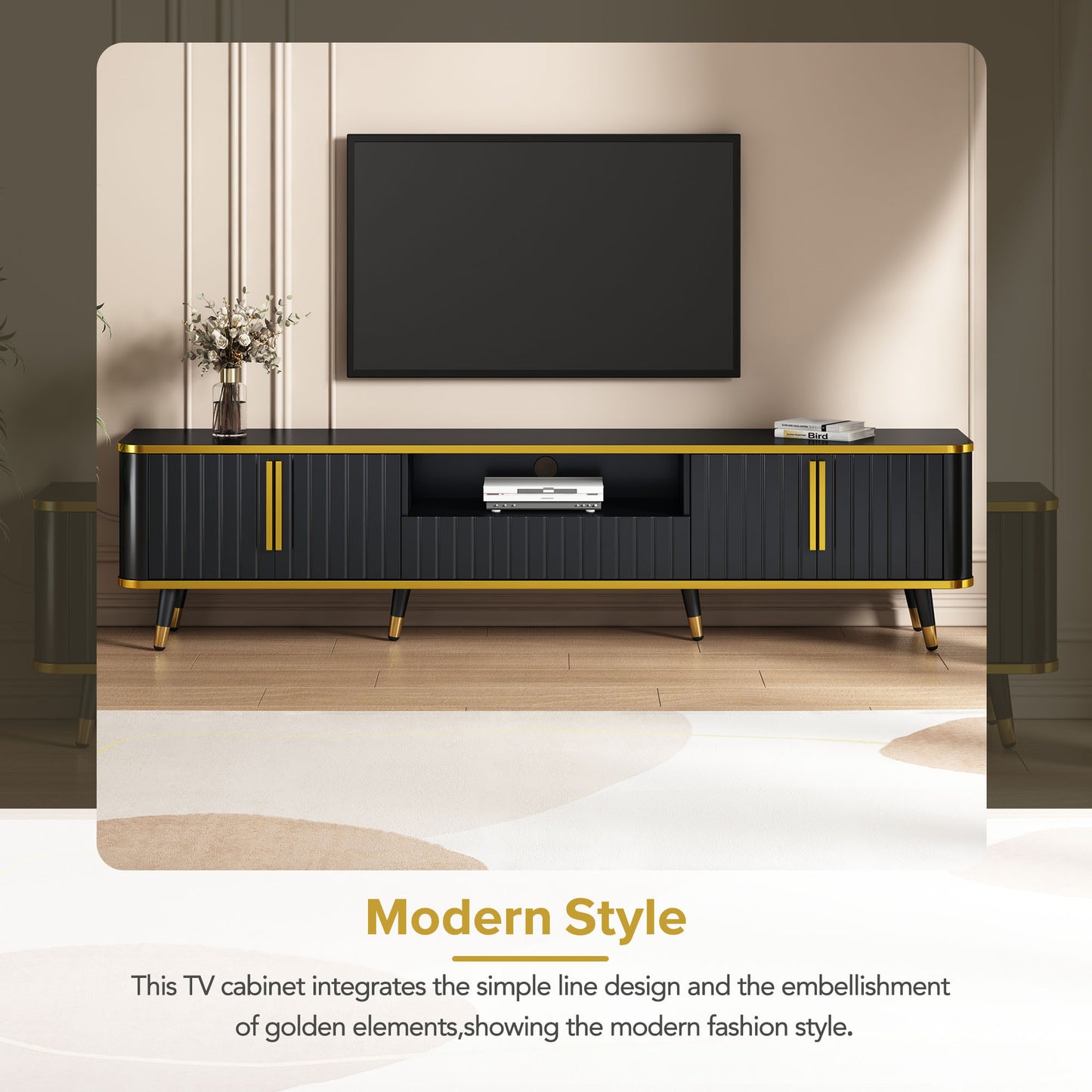 ON-TREND Meuble TV minimaliste de luxe avec étagère de rangement ouverte pour téléviseurs jusqu'à 85", centre de divertissement avec armoires et tiroirs, console multimédia pratique avec pieds uniques pour le salon, noir