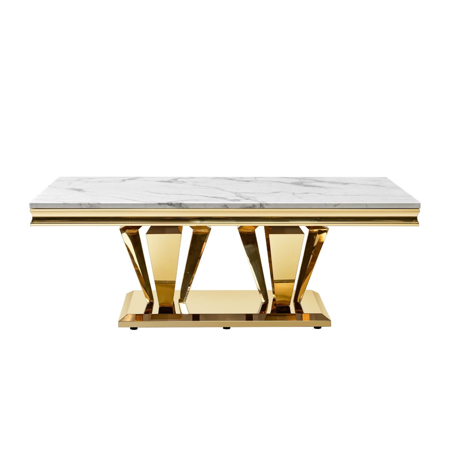 58.18" Modern Rectangular 0.78" Thick MDF Marble Pattern Top, Coffee Table Stainless Steel Base with Gold Mirror Finish