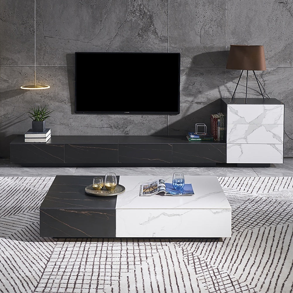 Black & White Coffee Table with Storage Rectangle Sintered Stone Top & Wood Drawers