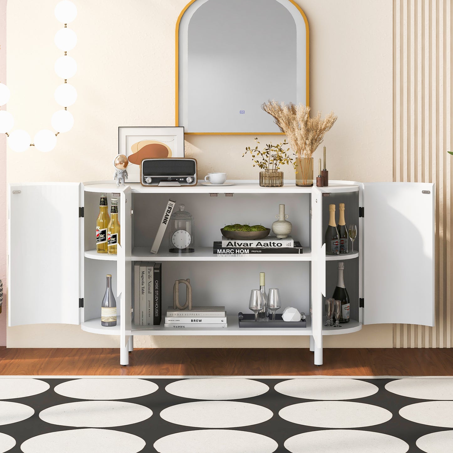 U-Style Curved Design Light Luxury Sideboard with Adjustable Shelves,Suitable for Living Room,Study and Entrance