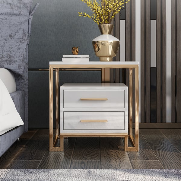 White Side Table with Two-Drawer End Table Stainless Steel in Gold