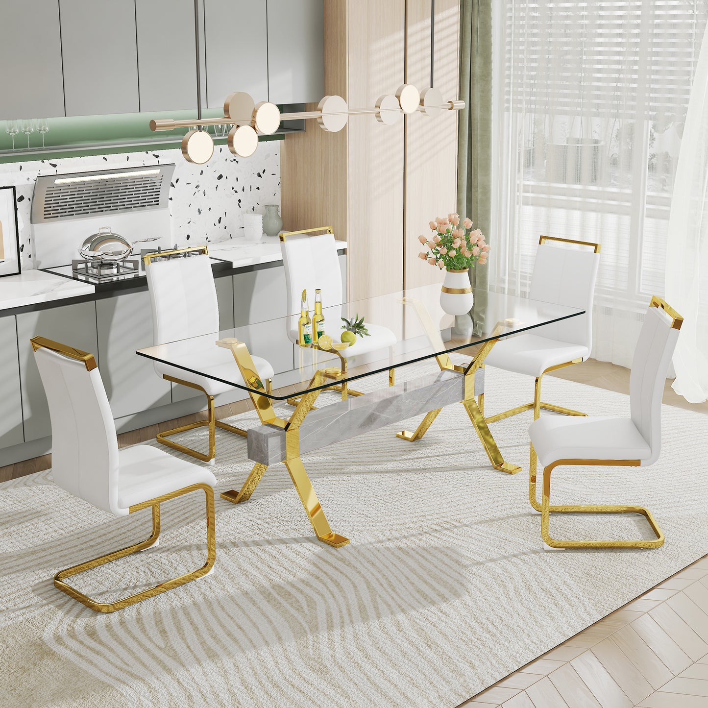 Dining table. Modern tempered glass dining table. Large modern office desk with gold plated metal legs and MDF crossbars, suitable for both home and office use. Kitchen. 79 ''x39''x30 '' 1105