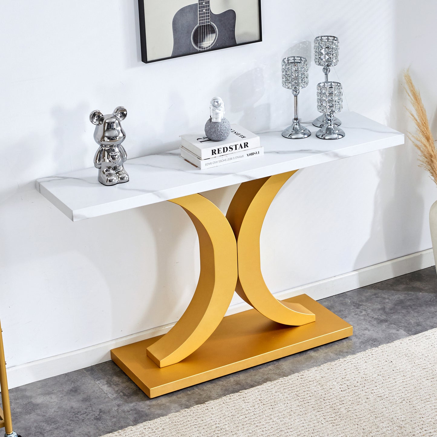 Chic Minimalist Foyer Table with White Surface and Gold Base - Ideal for Entryways