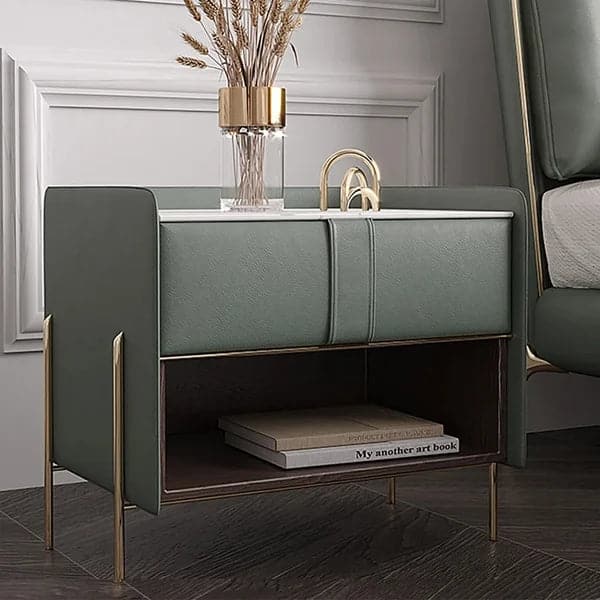 Modern Green Nightstand Sintered Stone Top Bedside Table with Charger and Light