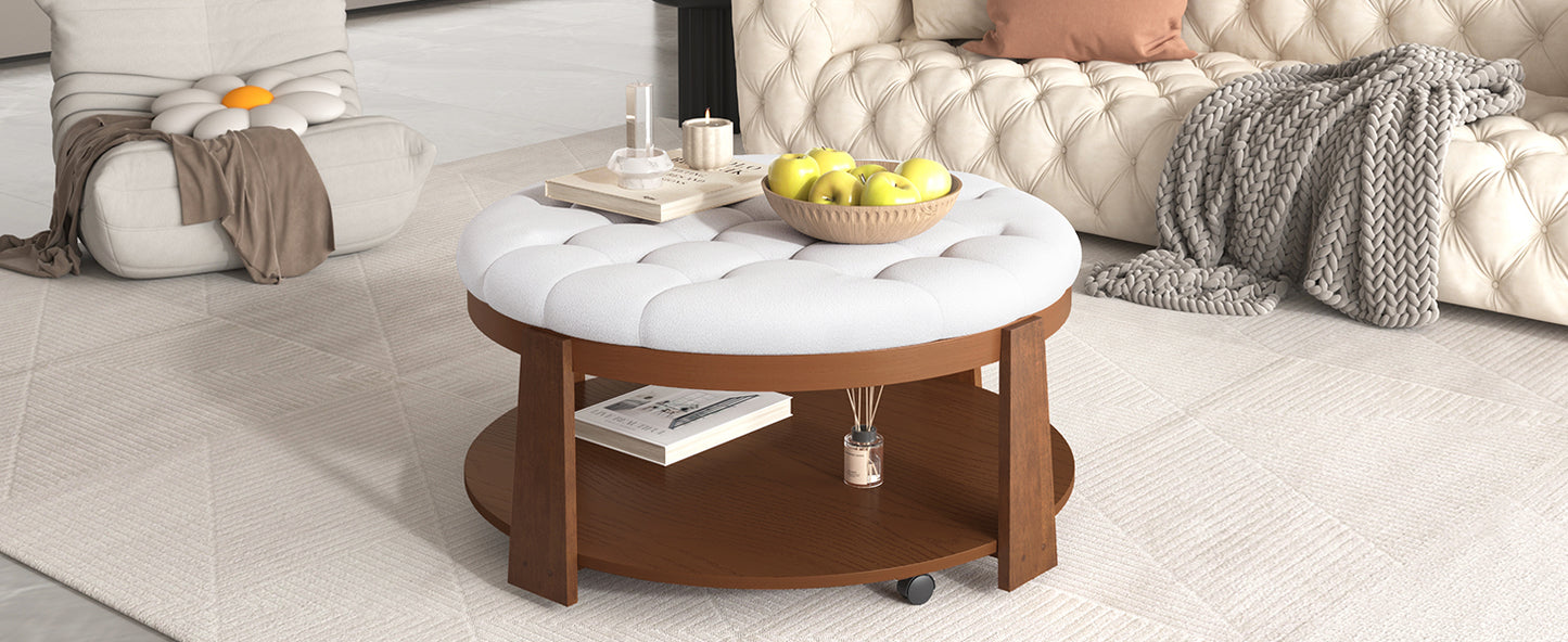 Modern Large Round Ottoman Coffee Table 2-Tier Oversized Button Tufted Ottoman with Wood Shelf Storage Upholstered Coffee Table for Living Room Footrest Ottoman with wheel, waterproof Linen