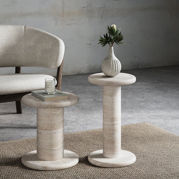 Beige Round Travertine Side Table 12.6" Modern End Table