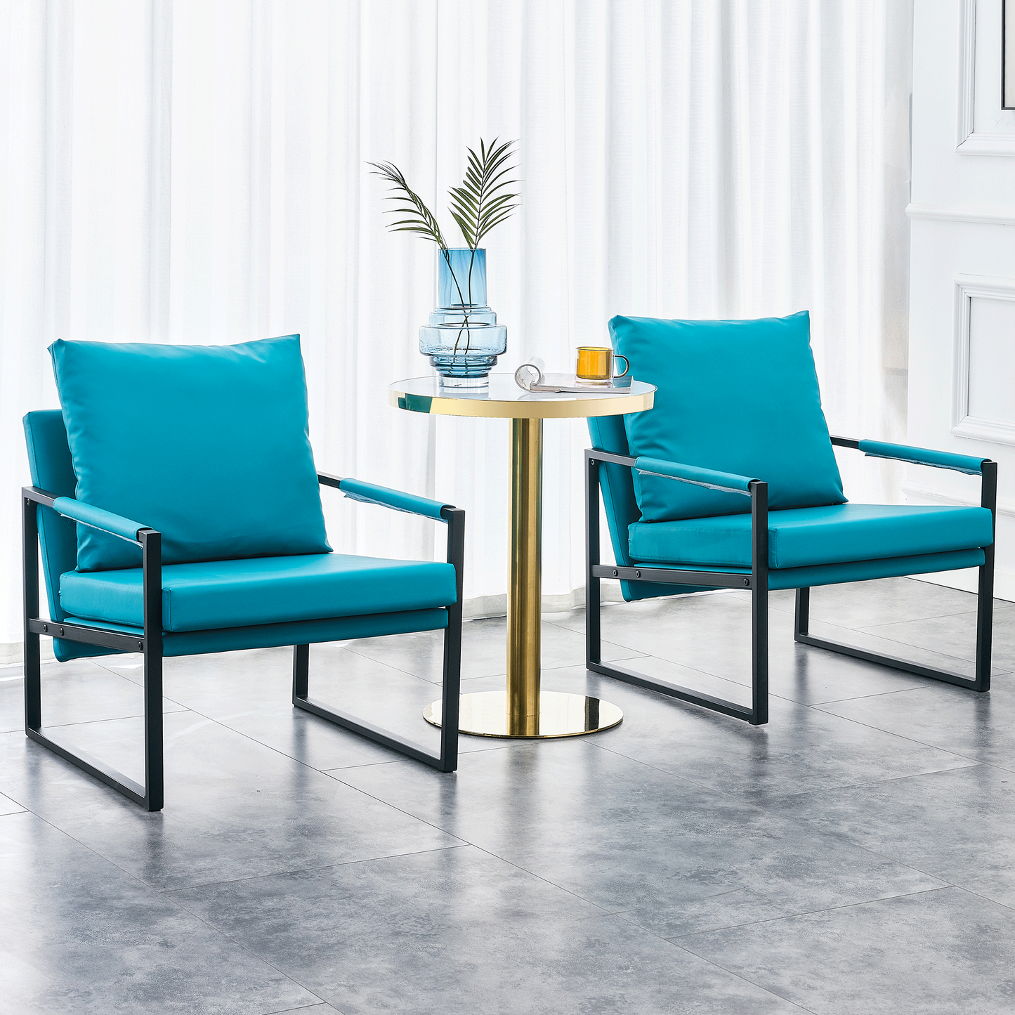 2-piece set of sofa chairs. PU leather armchair Medieval modern upholstered armchair with metal frame, super thick upholstered backrest and cushion sofa,for living room (cyan PU leather+metal+foam)008