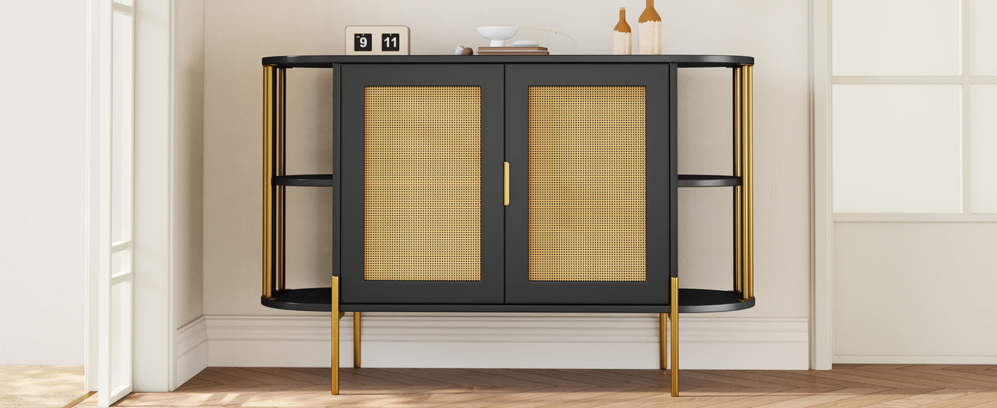 TREXM 2-Door Elegant Curved Dining Cabinet with Gold Trim and Woven Rattan Doors for Dining Room (Black)