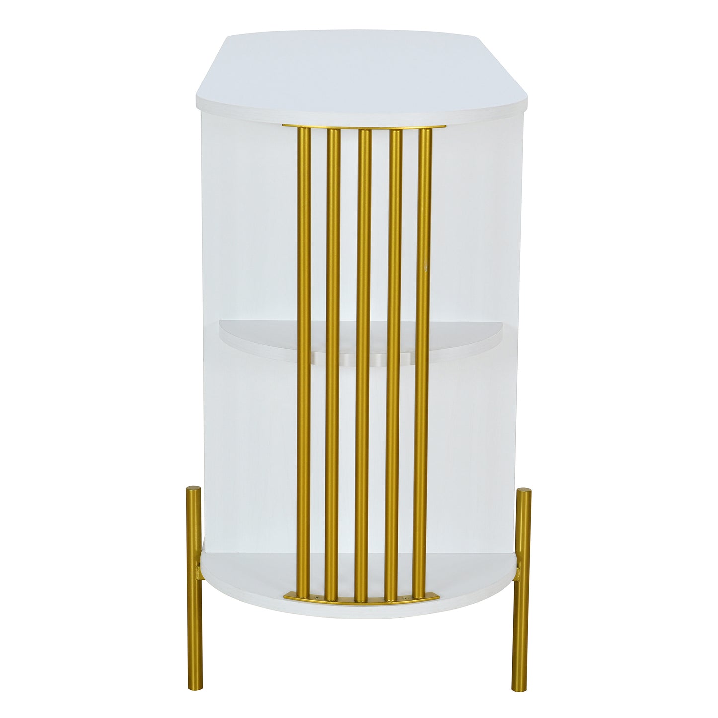 TREXM 2-Door Elegant Curved Dining Cabinet with Gold Trim and Woven Rattan Doors for Dining Room (White)