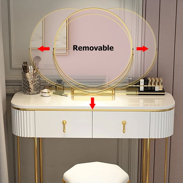 Modern White Oval Glossy Makeup Vanity with 2 Drawers & Rotatable Mirror & Stool