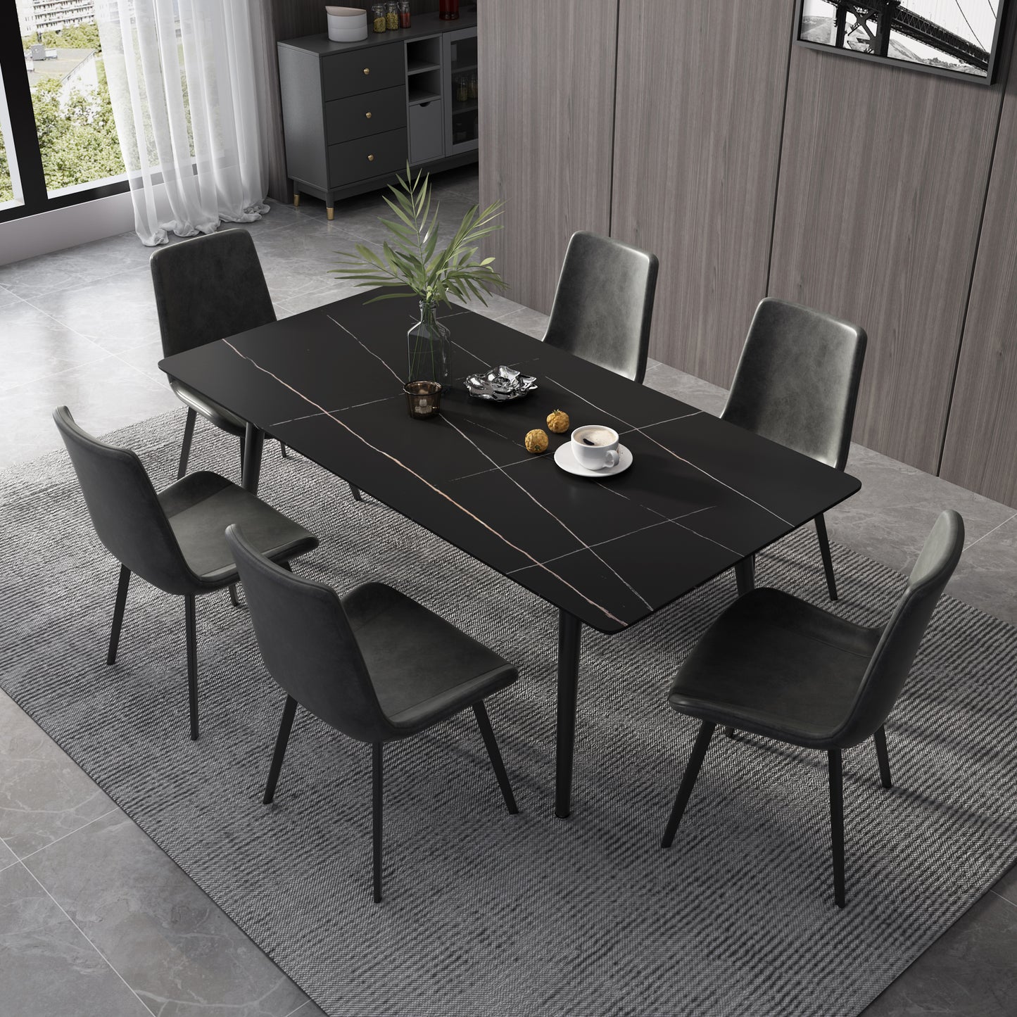 Modern Sintered Rectangle Dining Table Set with Black Stone Top 6 Persons 4 Legs