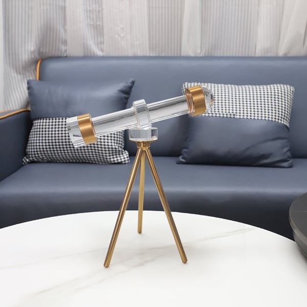 Modern Crystal Telescope Sculpture Ornament Art Decor with Gold Metal Tripod Stand