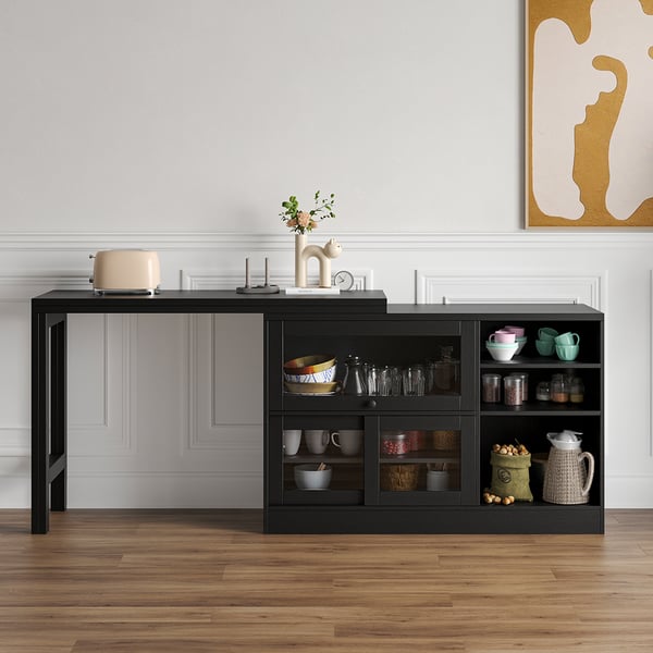 Black Storage Sideboard Cabinet Extendable Wood Buffet Foldable Dining Table