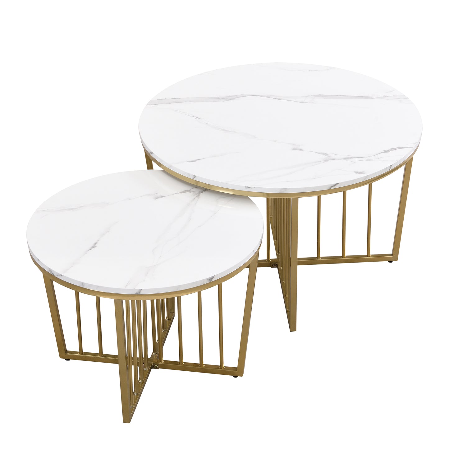 Modern Round Nesting Coffee Table Set 2-Piece White & Marbling Top Gold Base