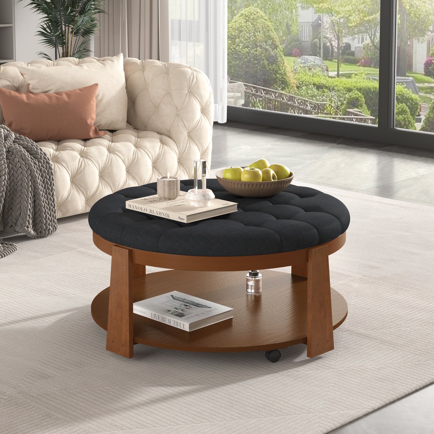 Modern Large Round Ottoman Coffee Table 2-Tier Oversized Button Tufted Ottoman with Wood Shelf Storage Upholstered Coffee Table for Living Room Footrest Ottoman with wheel, waterproof Linen