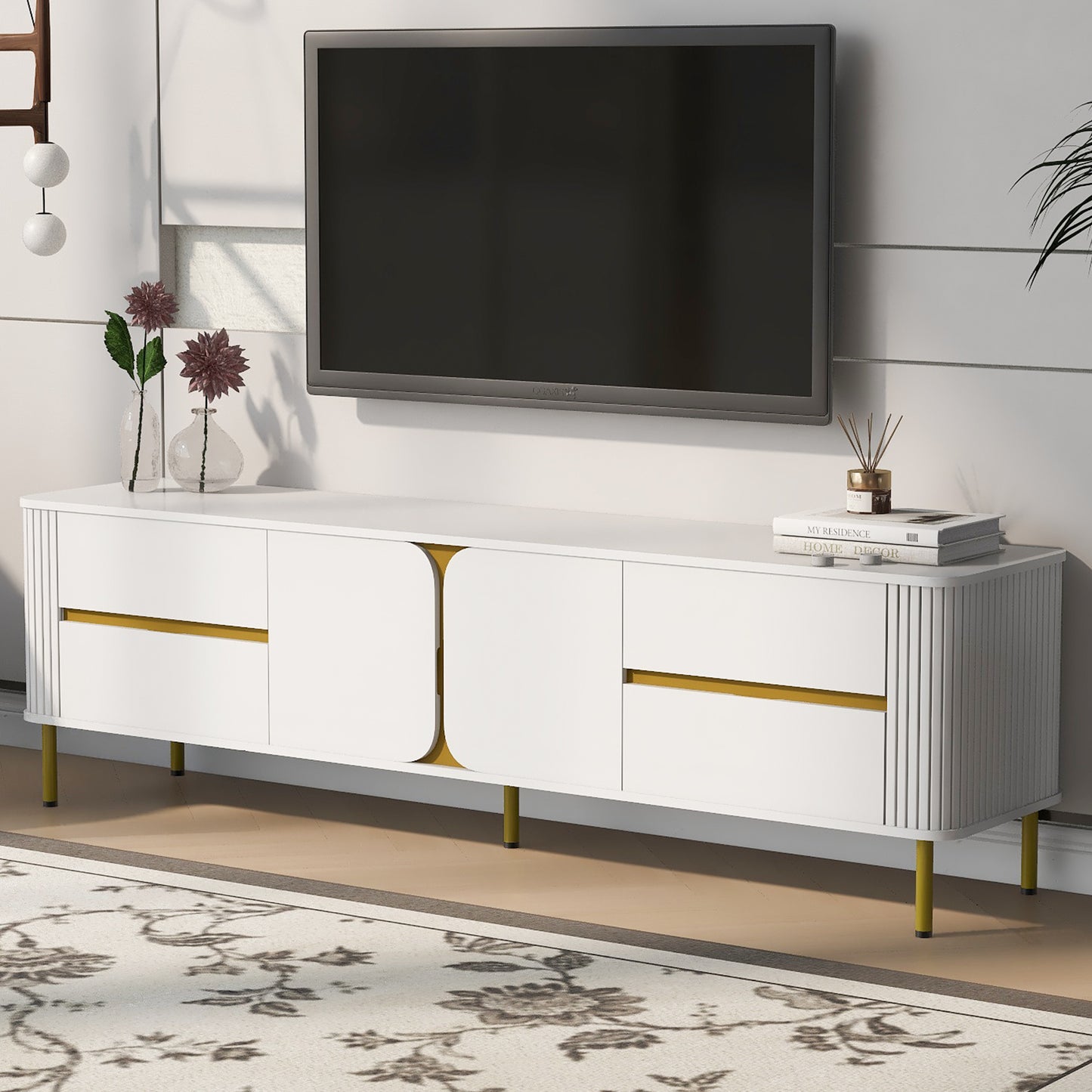 U-Can TV Stand for TVs up to 80 Inches, Modern Entertainment Center Media Console with 4 Drawers and 1 Spacious cabinet for Living room, White