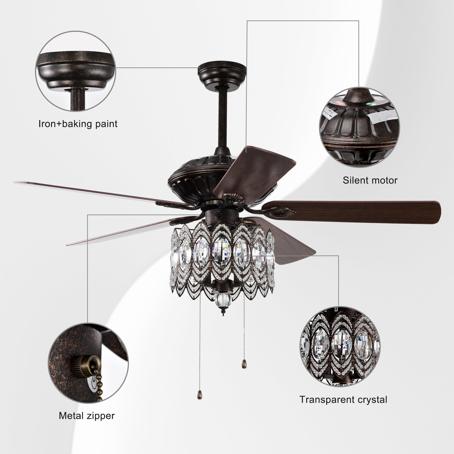 52'' Classical Crystal Ceiling Fan Lamp,3 Speed , 5 Reversible Blades for Living Room, Dining Room, Bedroom, Family Room, Rustic bronze ,3PCS*E12  (NO Include Bulb, Hand Pull Chain)