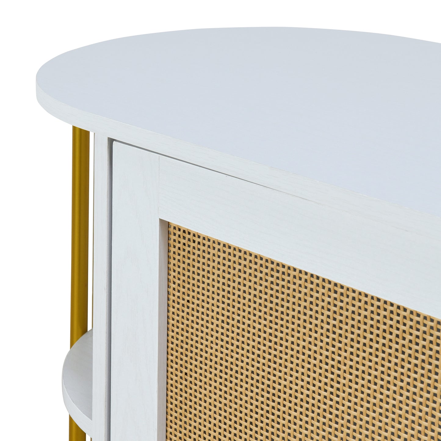 TREXM 2-Door Elegant Curved Dining Cabinet with Gold Trim and Woven Rattan Doors for Dining Room (White)