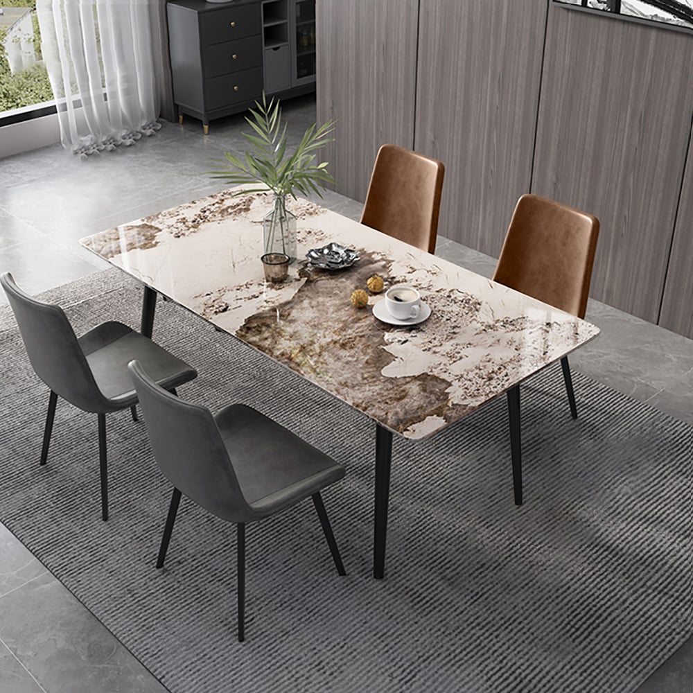 63" 5 Piece Rectangle Dining Table Set with Sintered Stone Top 4 Chairs