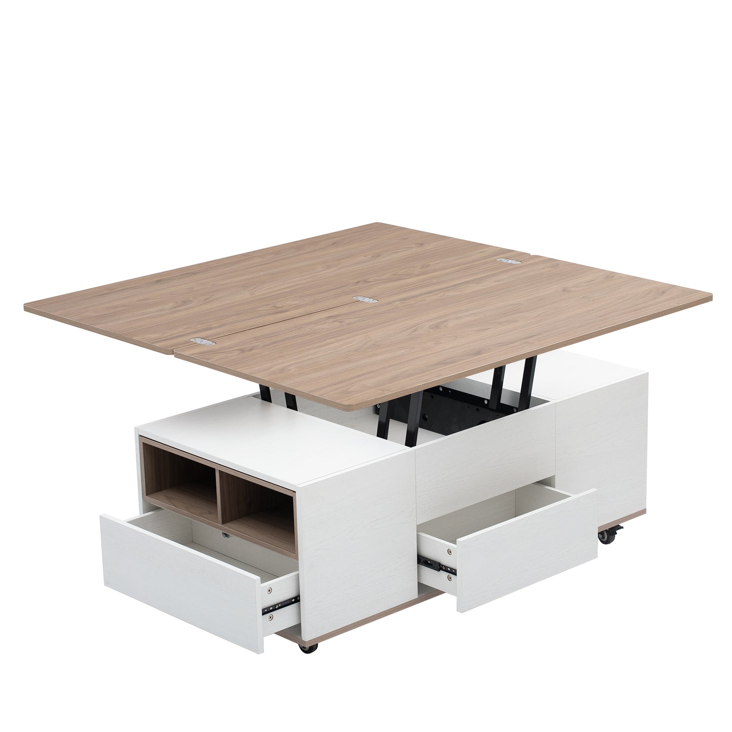 Modern Walnut & White Lift Top Coffee Table Multifunctional Table with Drawers & Shelves