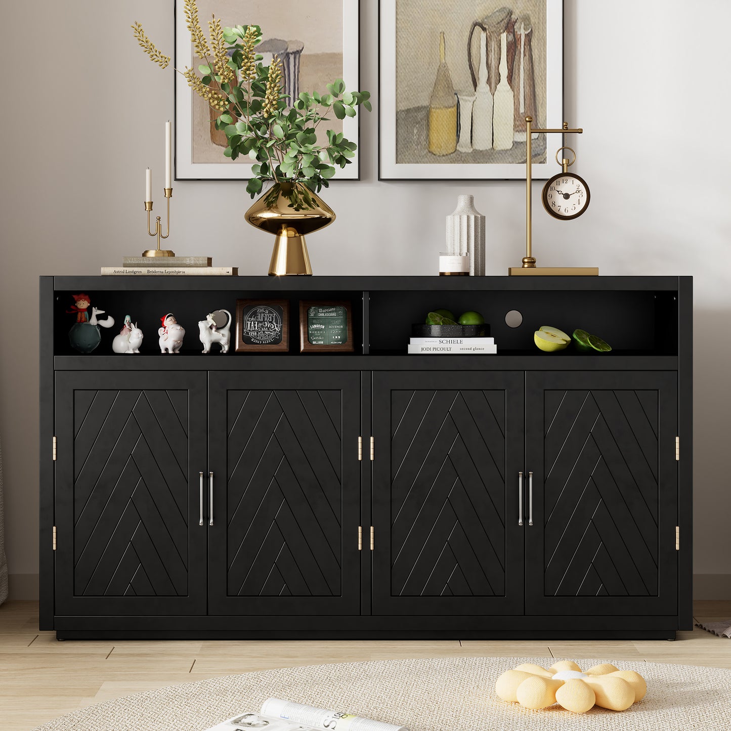 TREXM 4-door Classic Sideboard with Open Storage and Adjustable Shelves Perfect for kitchens,  living rooms (Black)