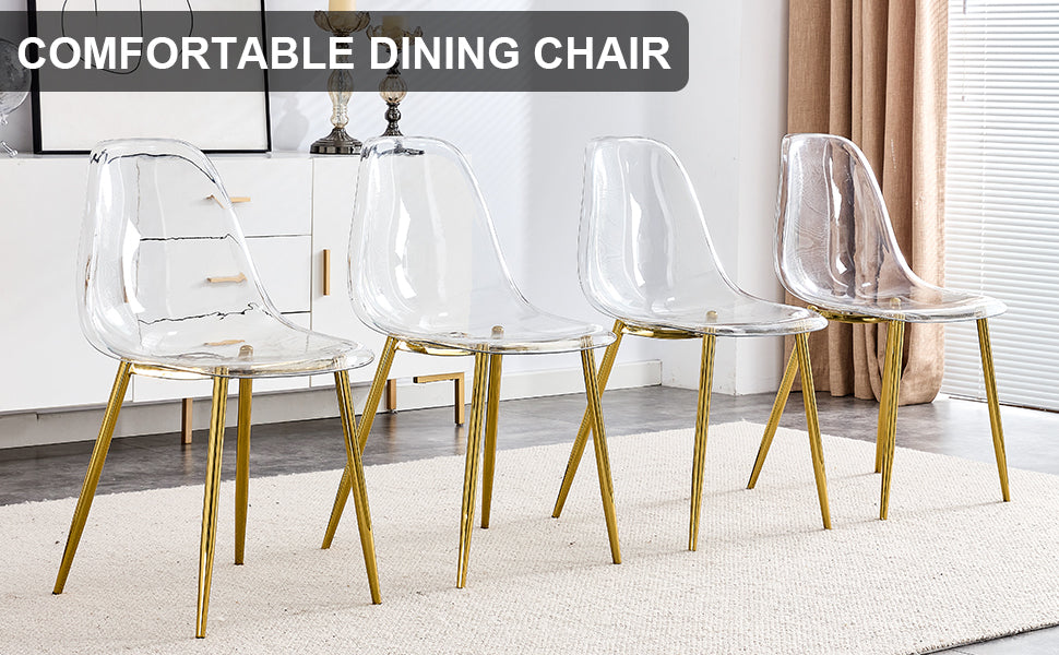 Modern Transparent Dining Chairs - Set of 4 Armless Crystal Chairs with Golden Plating Metal Legs