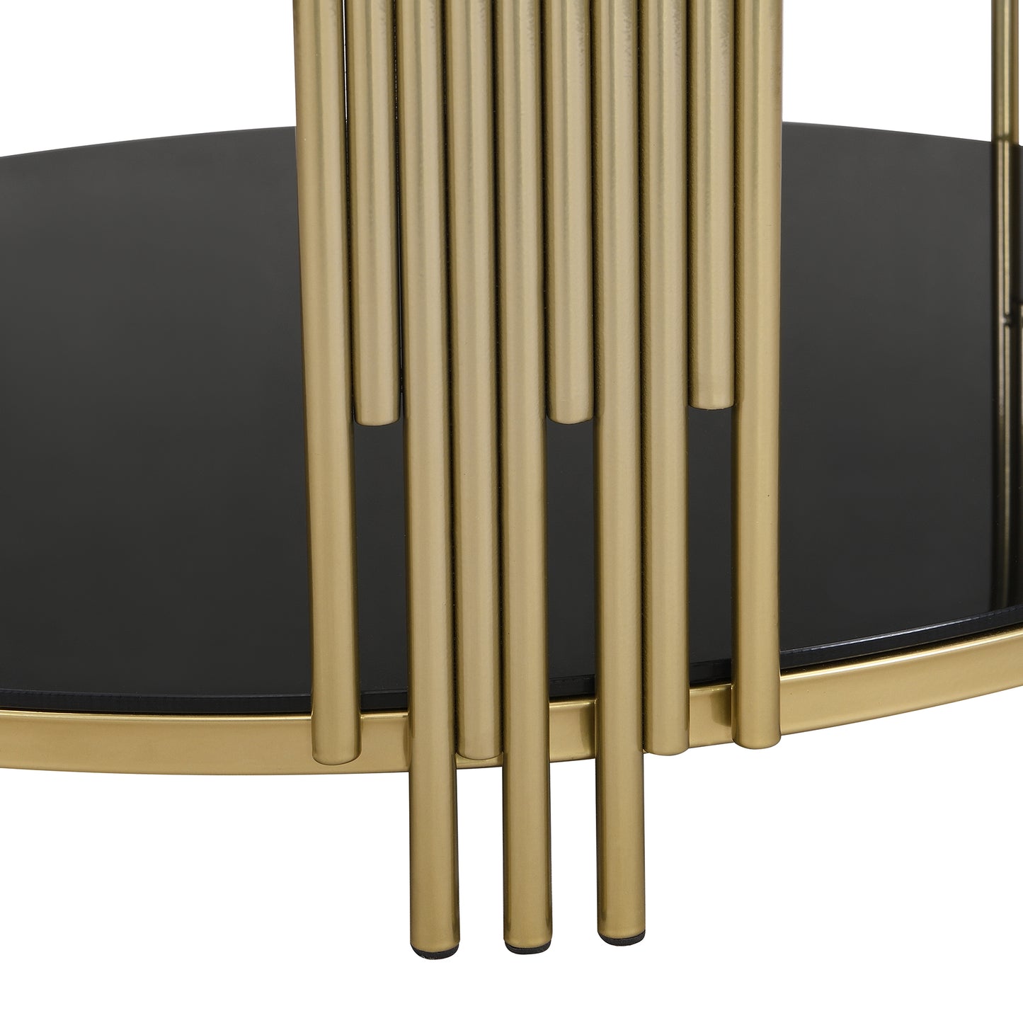 Modern Black Mirror Coffee Table, Asymmetrical Metal, Circular Metal Drum Base, Gold Finish & Lower Shelf