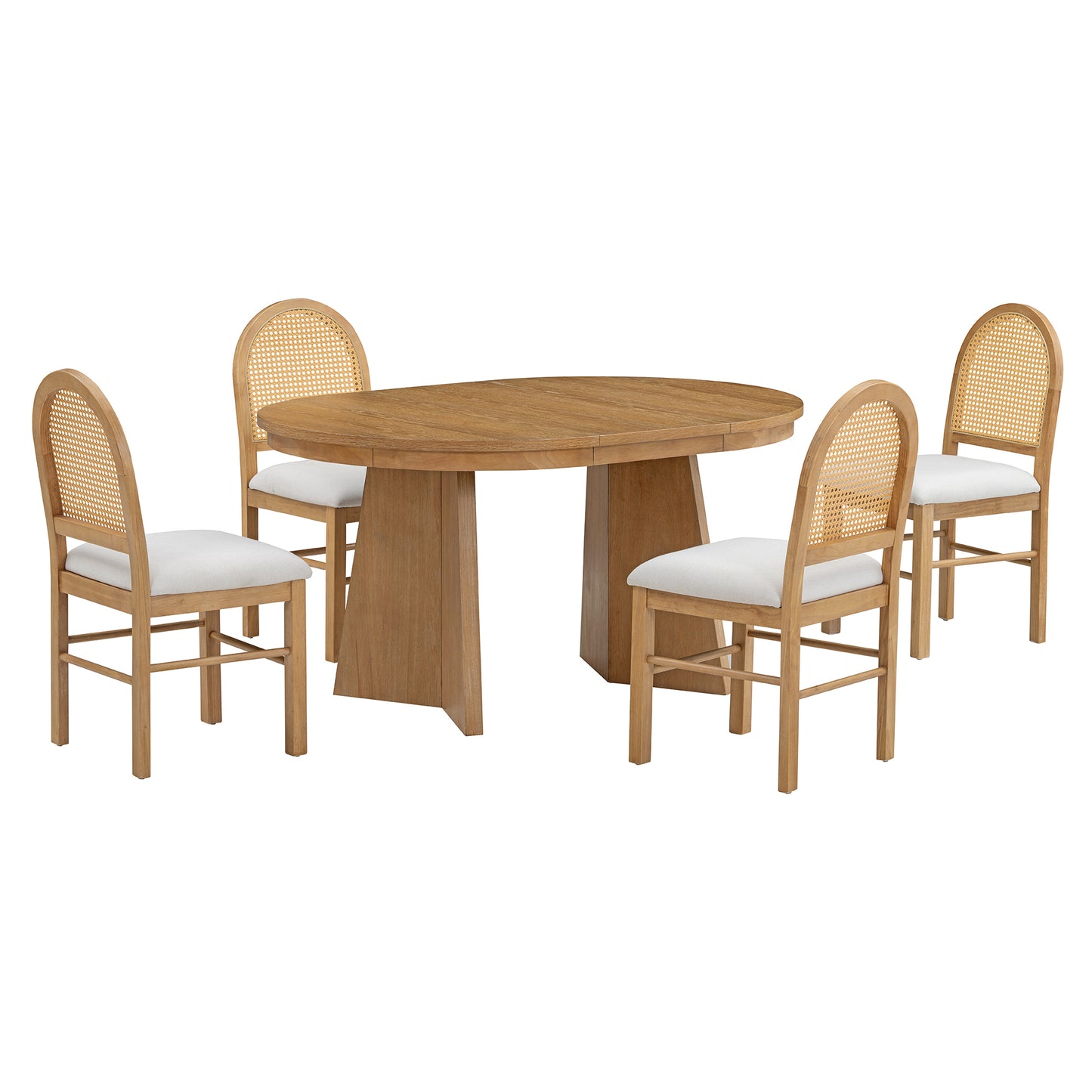 TREXM 5-Piece Retro Functional Dining Set with 1 Extendable Dining Table and 4 Upholstered Chairs with Rattan Backrests for Dining Room and Kitchen (Natural Wood Wash)