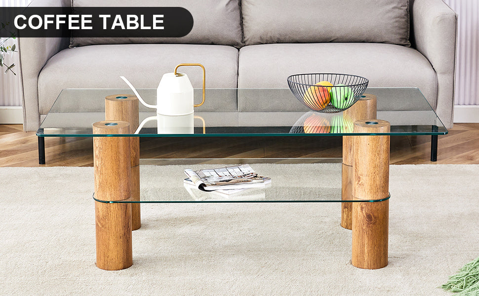 Modern Minimalist Double-Layer Transparent Tempered Glass Coffee Table with Wooden MDF Decorative Columns