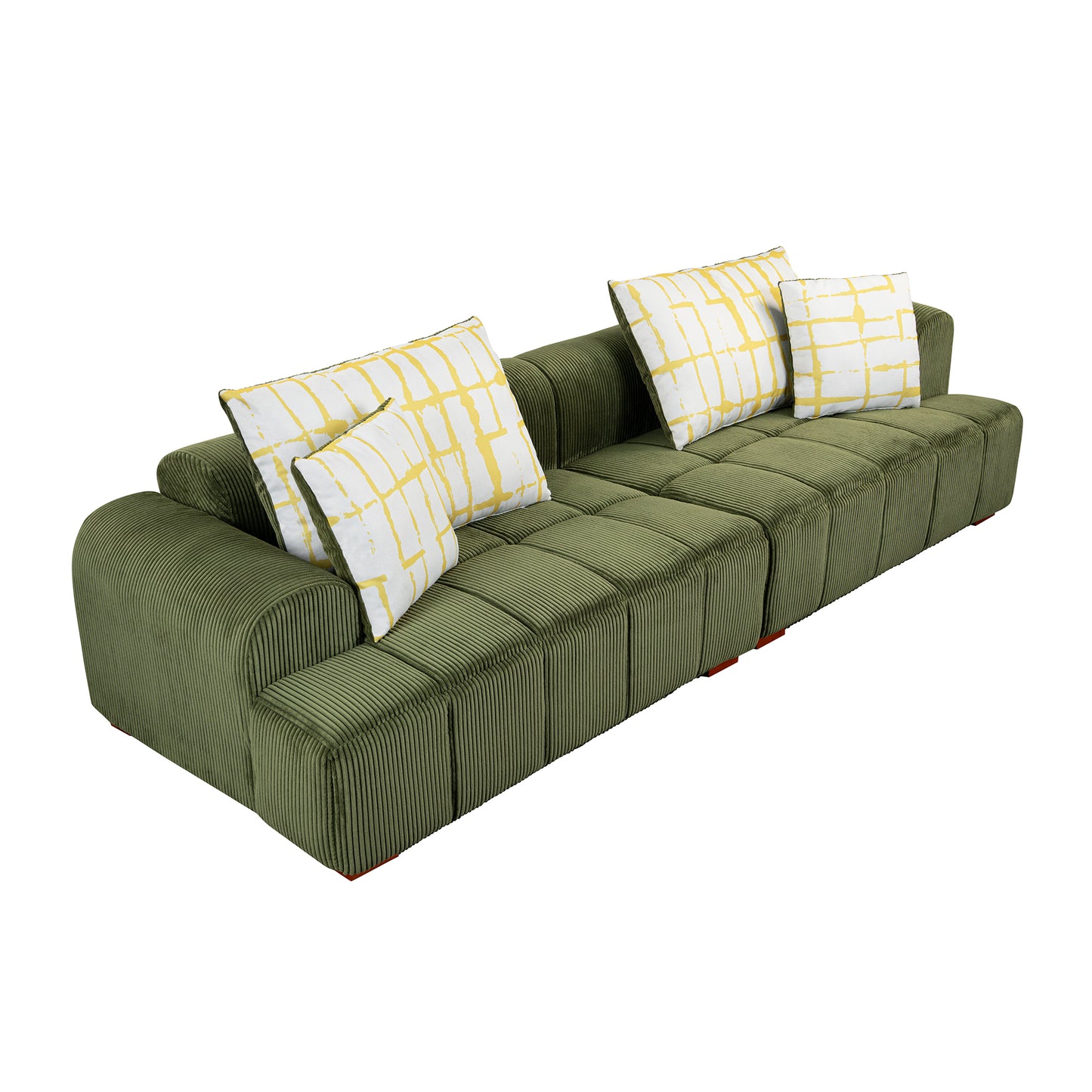 103.9" Modern Couch Corduroy Fabric Comfy Sofa with Rubber Wood Legs, 4 Pillows for Living Room, Bedroom, Office, Green