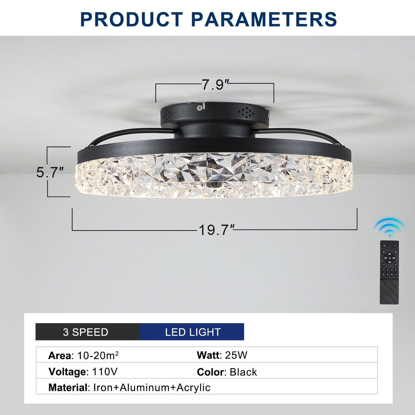 Contemporary Acrylic Ceiling Fan with 3-Color Lighting & Remote Control