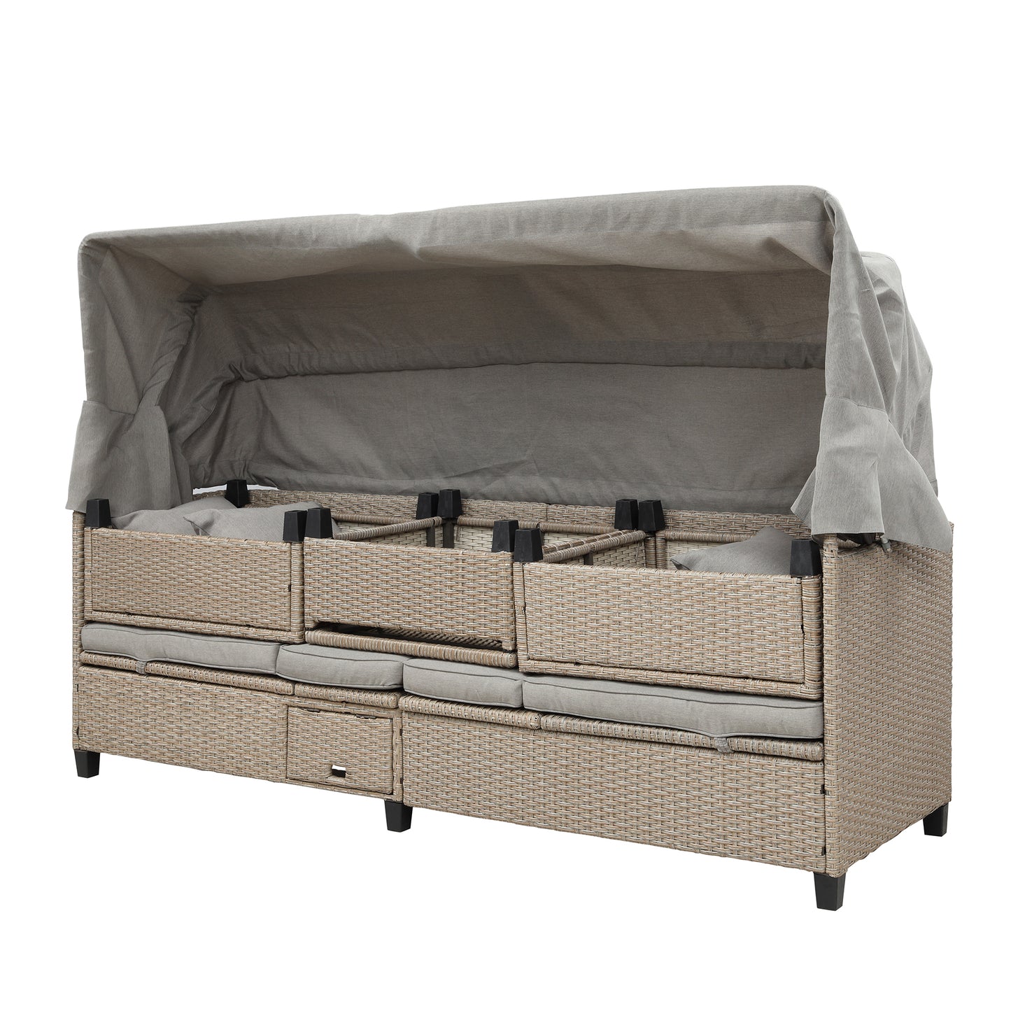 TOPMAX Ensemble de canapé de patio en osier en résine résistant aux UV 4 pièces avec auvent rétractable, coussins et table élévatrice, marron