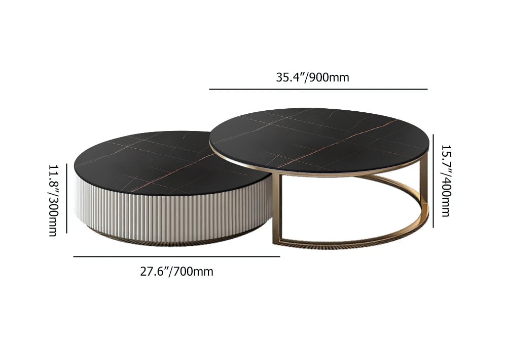 Set of 2 Round Sintered Stone Top Nesting Coffee Table with Drawer Black & Gold