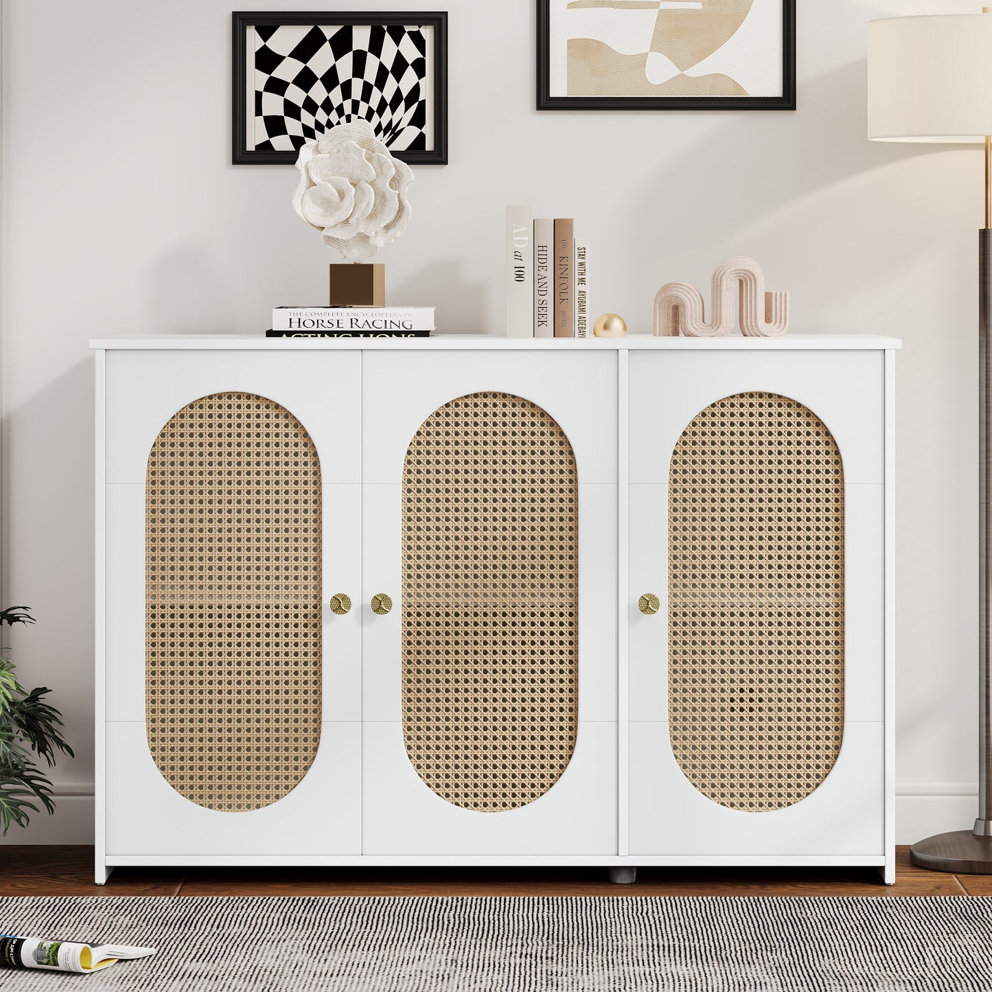 TREXM Retro 3-Door Sideboard with Large Storage Space Artificial Rattan Doors and Metal Handles, Accent Cabinet for Living Room and Hallway (White)