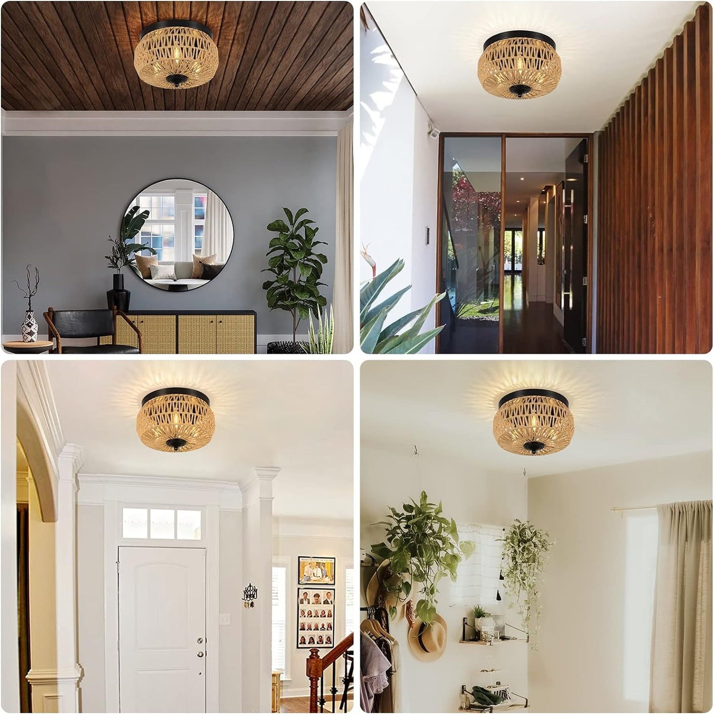 3-Lights Woven Rattan Flush Mount Ceiling Light Fixture with Hand-Worked Cage Shade for Bedroom, Kitchen, Foyer, Porch