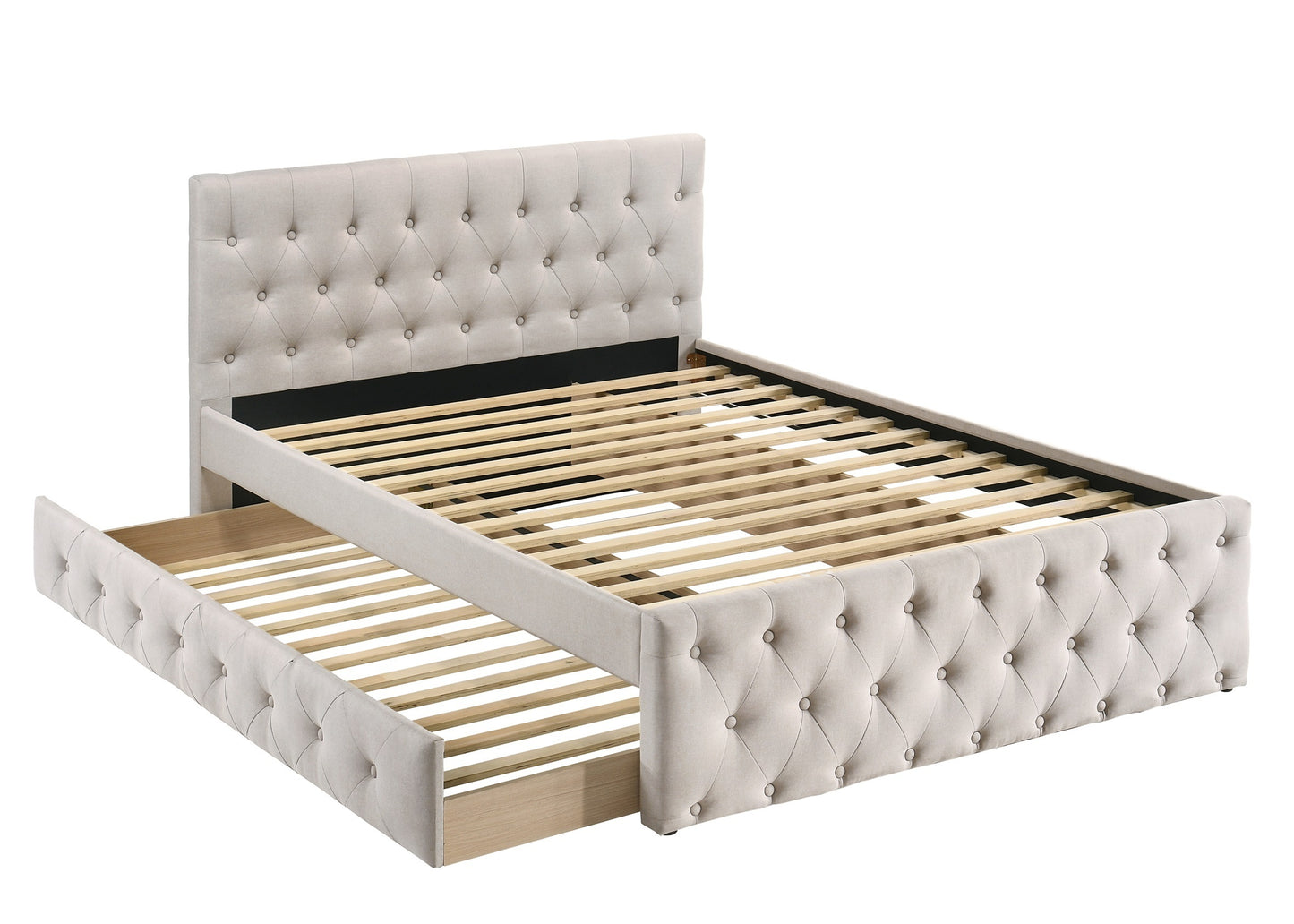 Lit double contemporain avec lattes gigognes en toile de jute marron clair, tête de lit capitonnée, pied de lit, meubles de chambre à coucher pour jeunes, lattes en bois, lit 1 pièce