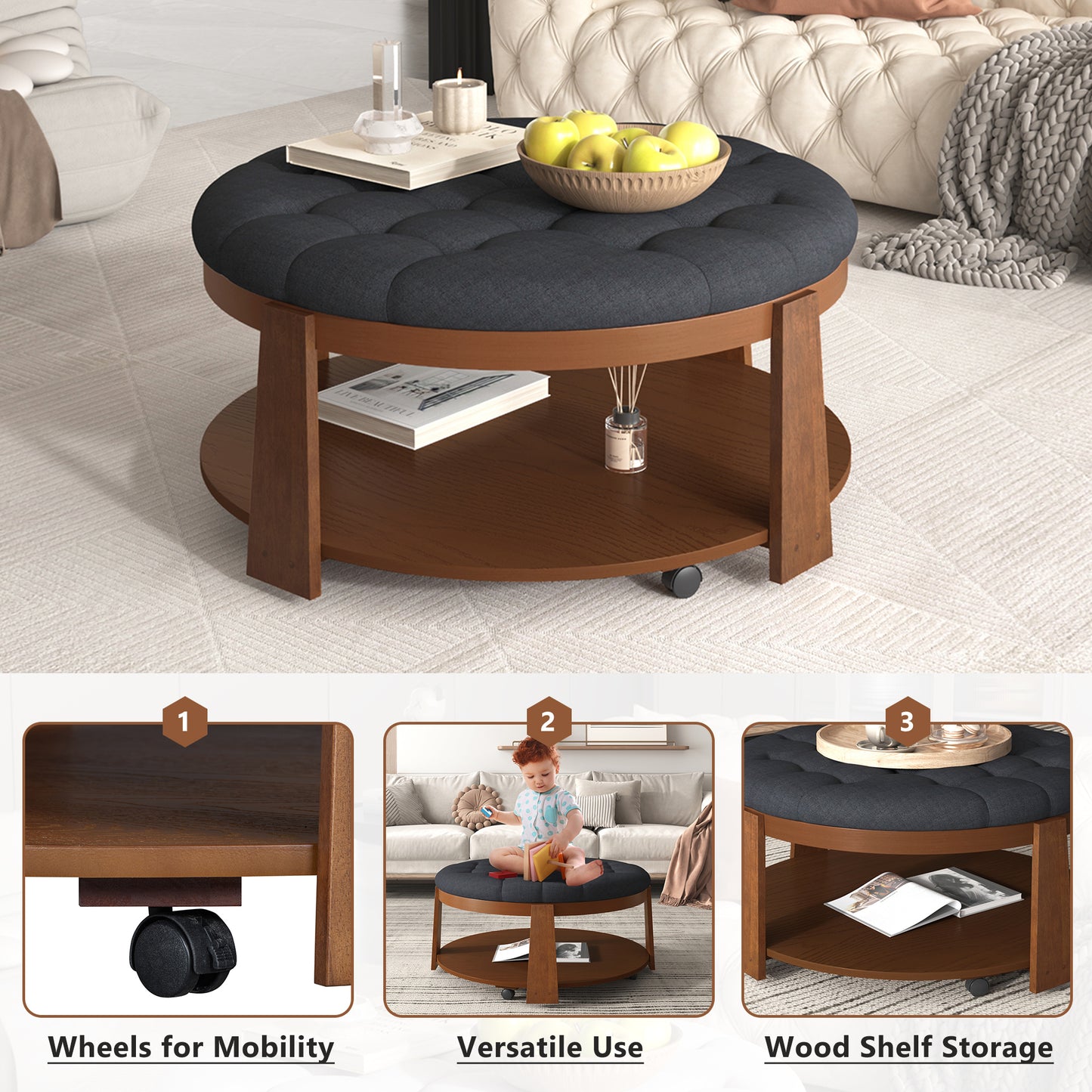 Modern Large Round Ottoman Coffee Table 2-Tier Oversized Button Tufted Ottoman with Wood Shelf Storage Upholstered Coffee Table for Living Room Footrest Ottoman with wheel, waterproof Linen