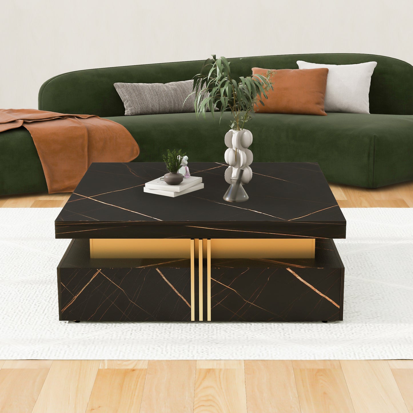 Modern Black Square Storage Coffee Table With 4 Drawers