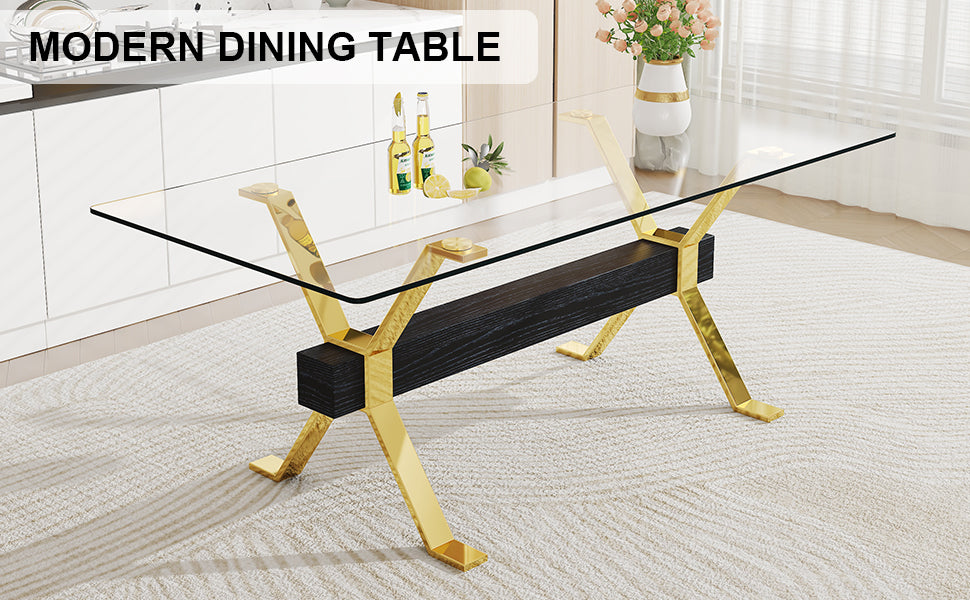 Dining table. Modern tempered glass dining table. Large modern office desk with gold metal legs and MDF crossbars, suitable for home and office use. Kitchen .71 ''x35.4''x30 '' 1105