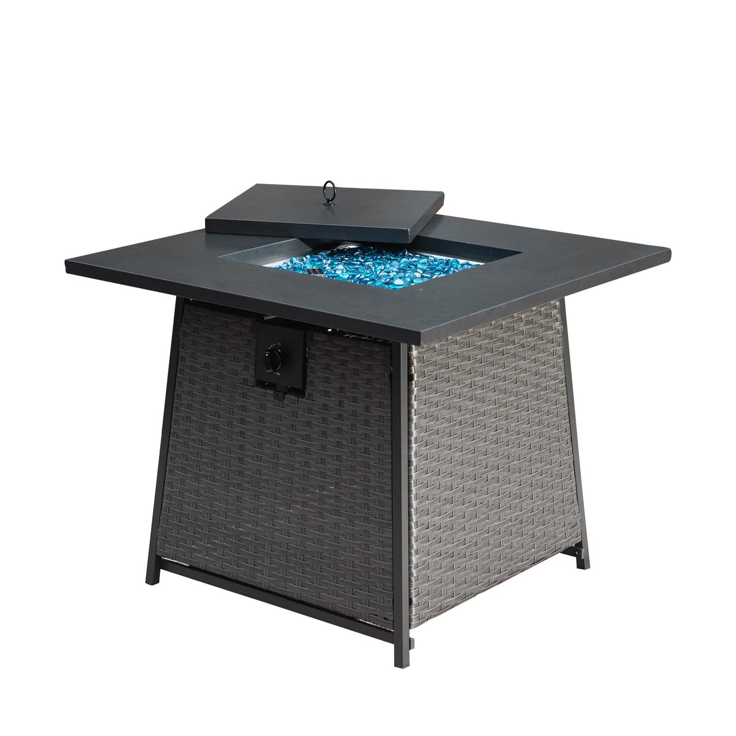 Table de foyer au propane de 32 pouces avec boule de verre bleue, table de feu d'extérieur en osier de 50 000 BTU avec foyers à gaz carrés en acier certifiés ETL 2 en 1 (gris foncé)