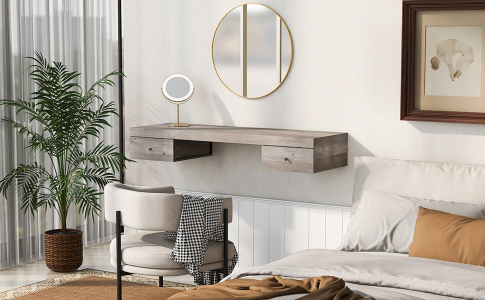 Modern Wall-Mounted Vanity Desk - 47.2" Floating Shelf with Drawers, Dressing Table and Computer Desk in Log Gray