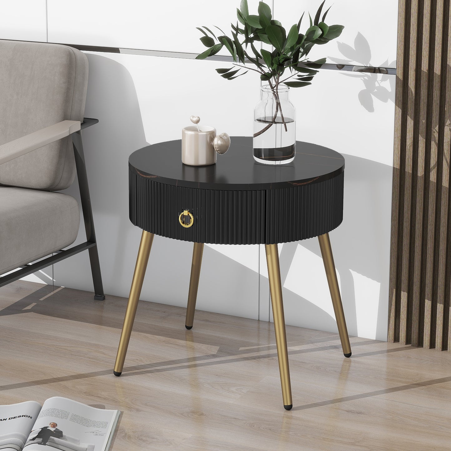 ON-TREND Φ19.6'' Easy Assembly End Tables with High Gloss Faux Marble Tabletops, Set of 2, Modern Fluted 2 Side Tables with Drawers, Round Coffee Tables with Golden Legs for Living Room, Black