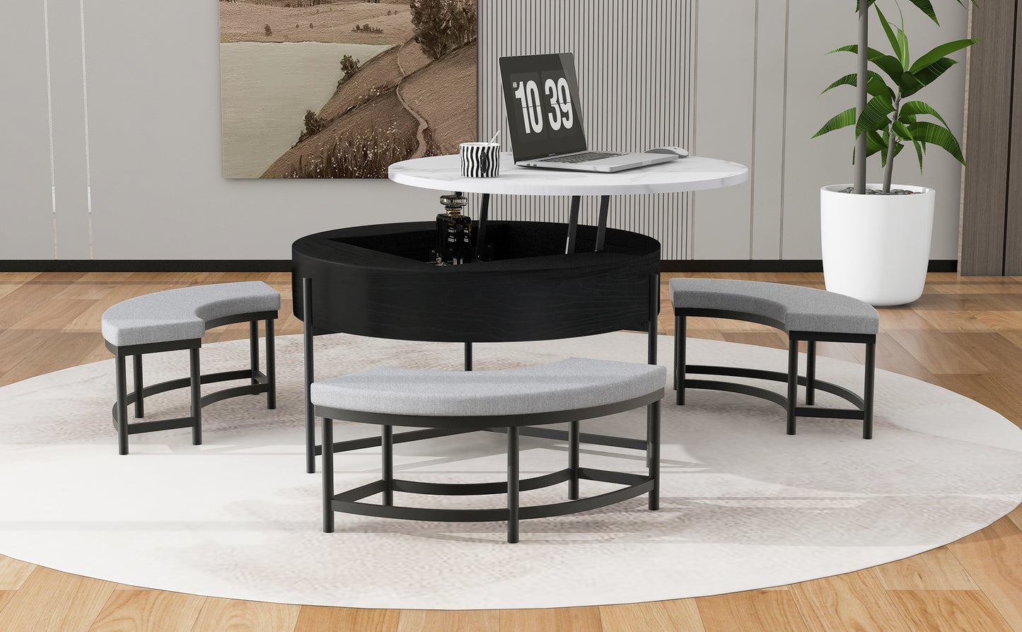 Modern Round Lift-Top Coffee Table with Storage & 3 Ottoman White & Black